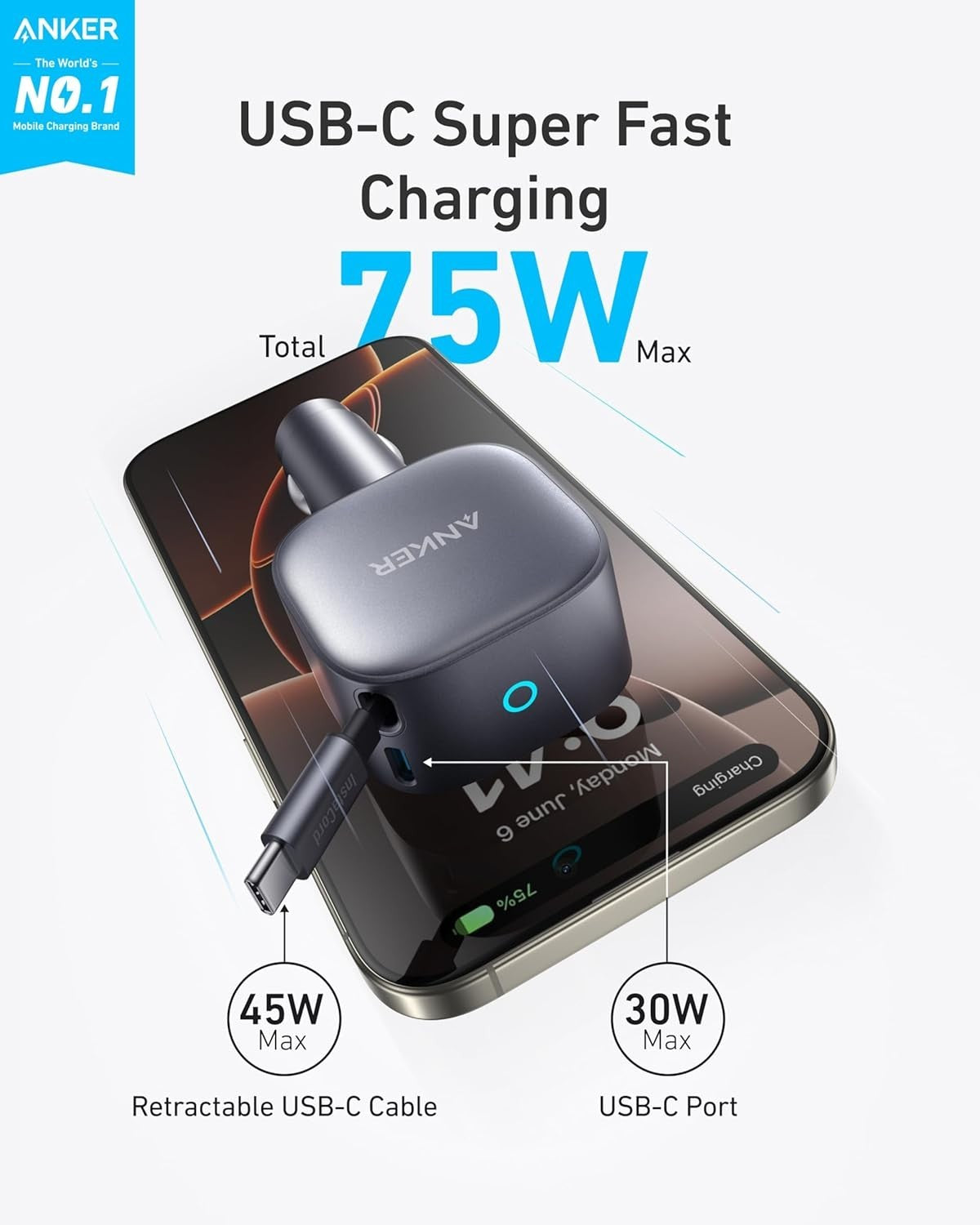 Anker USB C Car Charger, 75W Max Ultra-Compact Type-C Fast Car Charger with