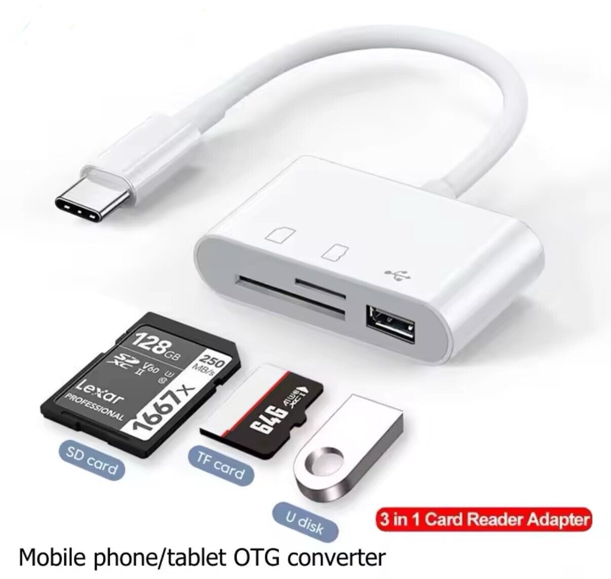 3in1 USB 3.0 SD TF Flash Memory Card Reader to Type C OTG Adapter,for All Device