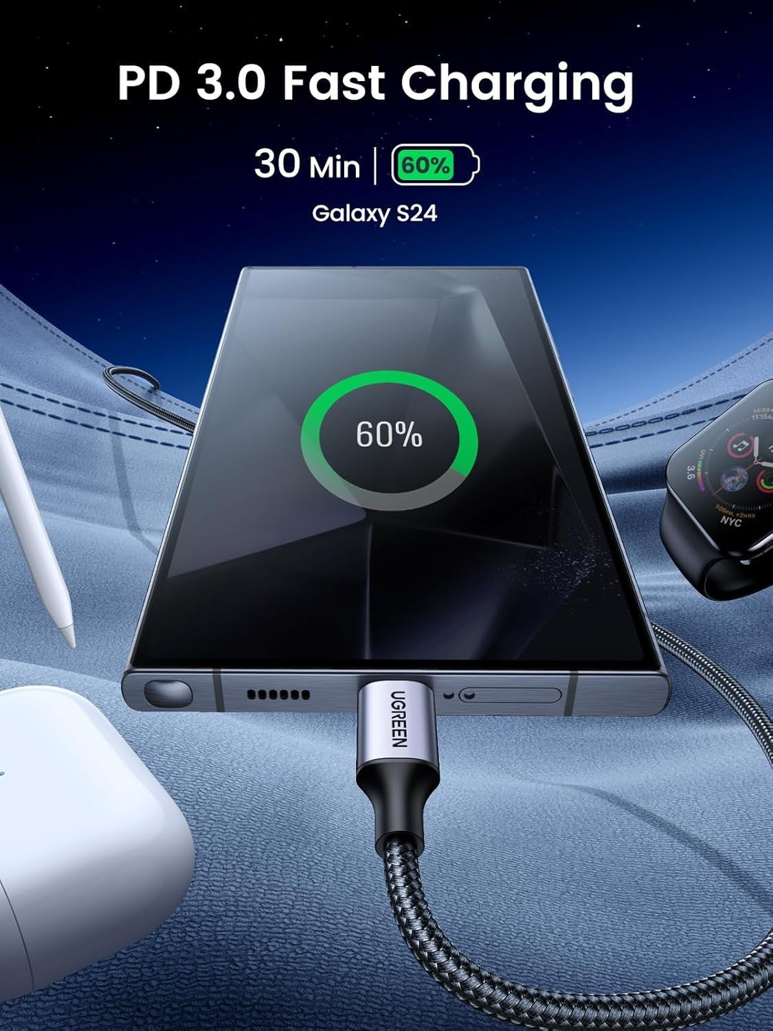 UGREEN USB C to USB-C Charger Cable 60W Type C to C Lead Fast Charging  0.5-3M