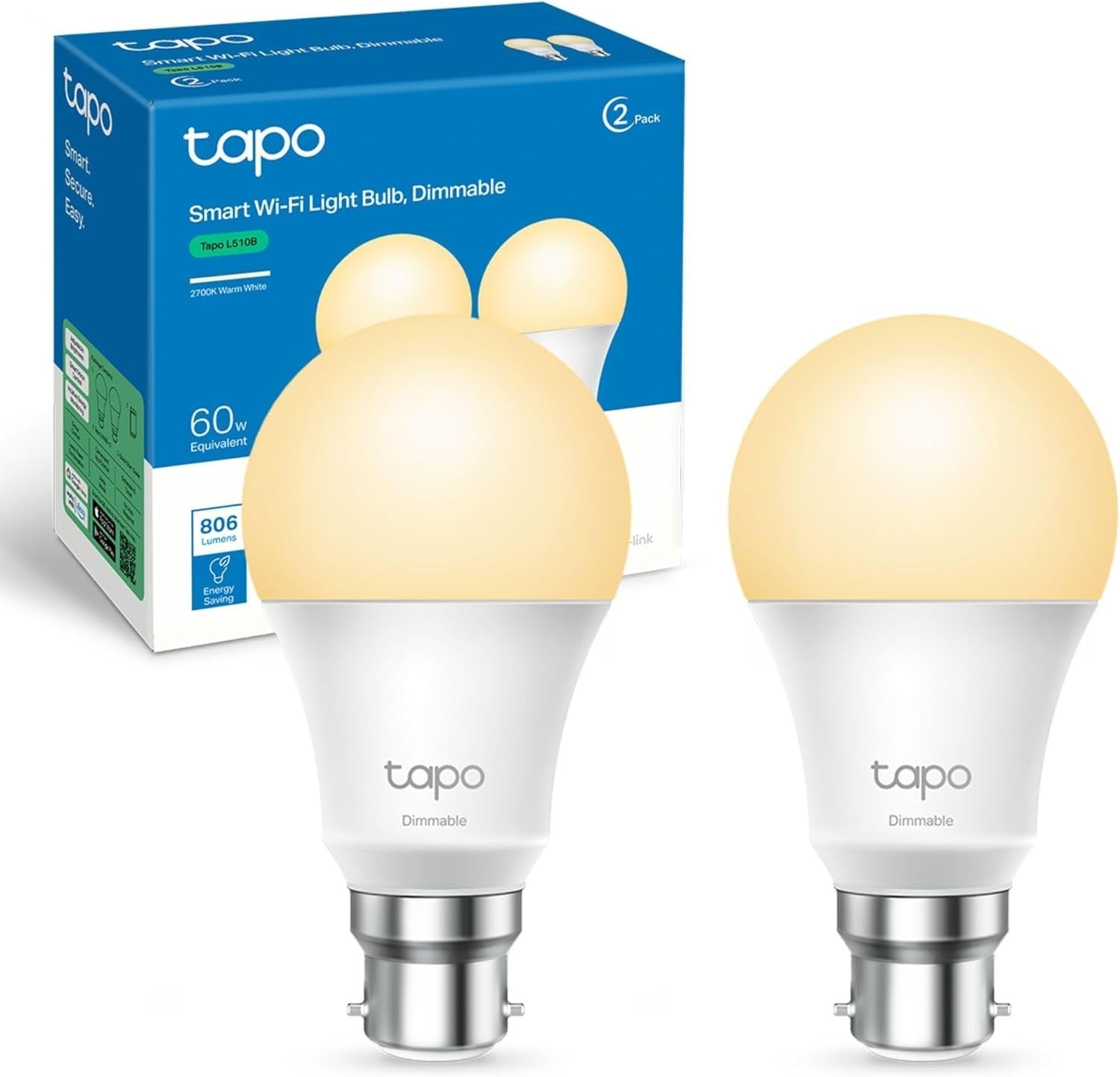 Tapo L510B (2-Pack) Smart Bulb, B22 LED Light Bulb, Alexa Light Bulbs, Dimmable