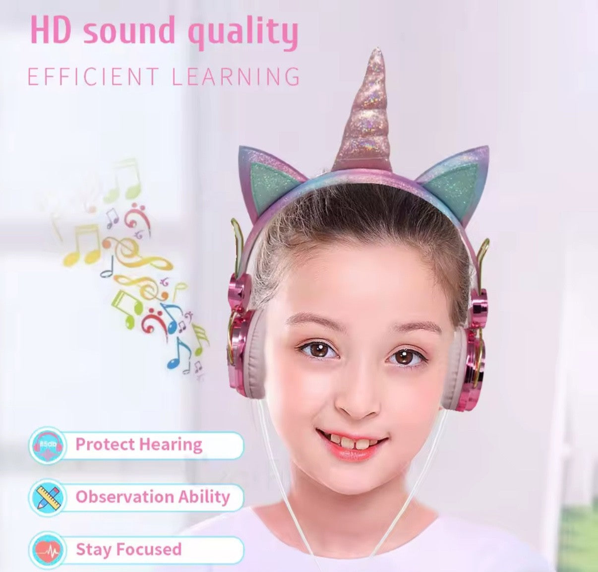 Unicorn Headphone With Microphone Girls Kids Earphone Headset . Pink, shiny