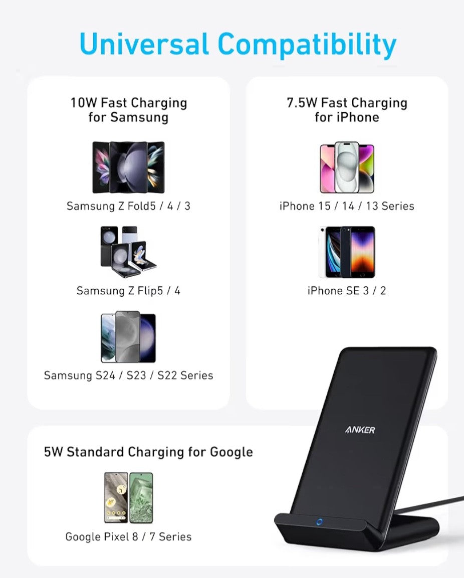 Anker Wireless Charger PowerWave Stand 10W Qi-Certified for iPhone Fast-Charging