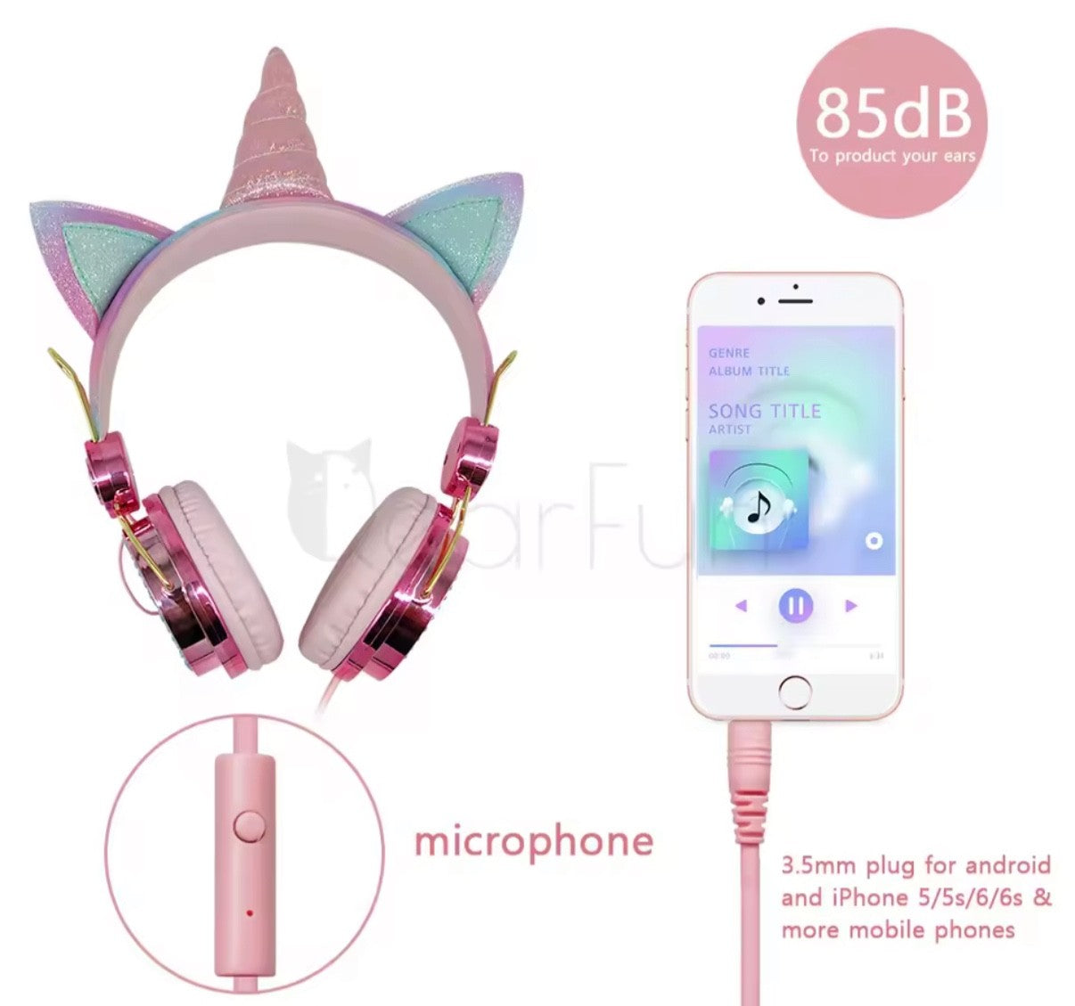 Unicorn Headphone With Microphone Girls Kids Earphone Headset . Pink, shiny
