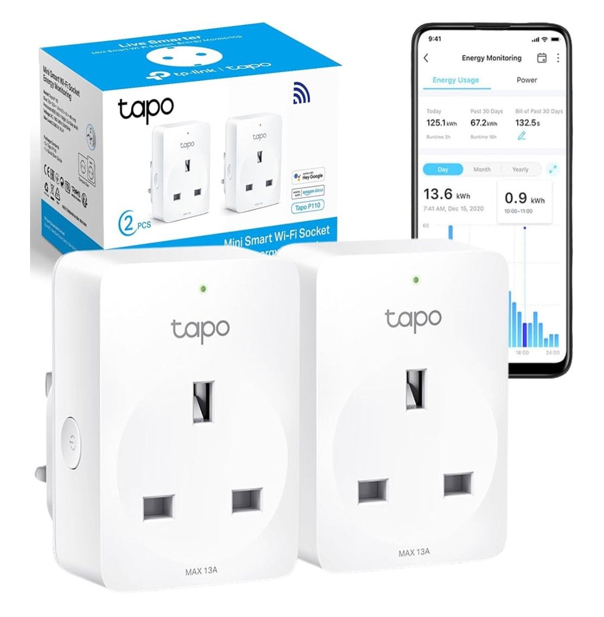 Tapo P110 (2-Pack) Smart Plug, WiFi Plug, Energy Monitoring, Electricity Usage
