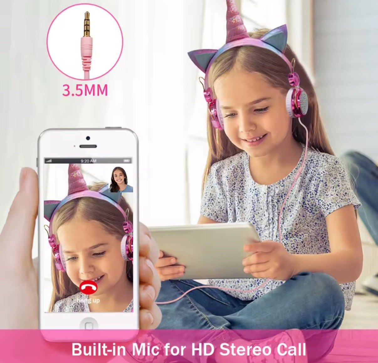 Unicorn Headphone With Microphone Girls Kids Earphone Headset . Pink, shiny